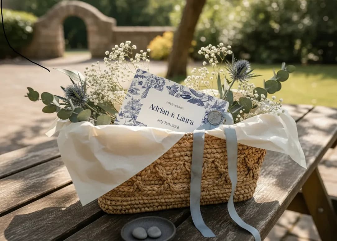 A wedding basket with a Forever box gift card inside
